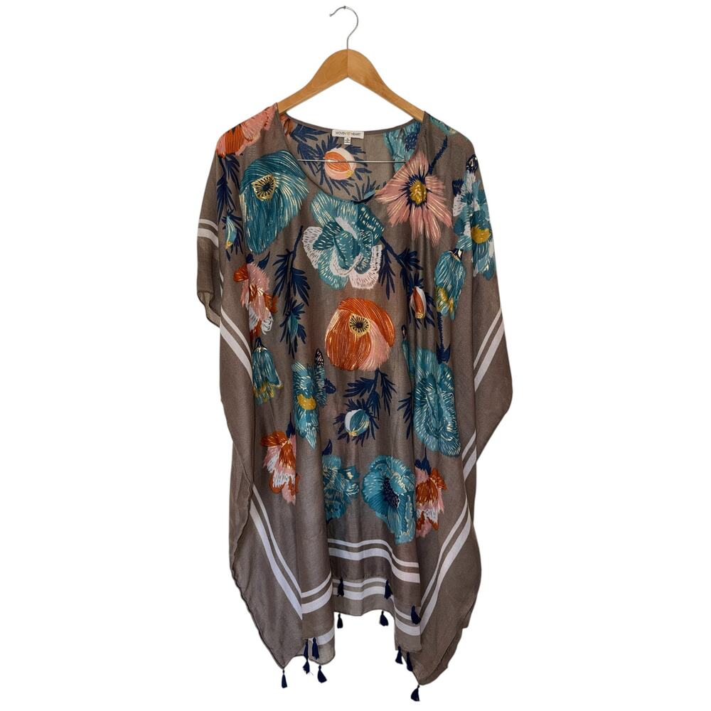 Flowy Floral Swim Cover Up Poncho Tunic with Fringe S Taupe Boho Beach Pool